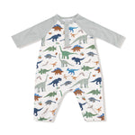 Angel Dear Children's romper with dinosaur pattern and gray sleeves on a white background. Available at Be Charmed