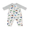 Angel Dear Children's romper with dinosaur pattern and gray sleeves on a white background. Available at Be Charmed