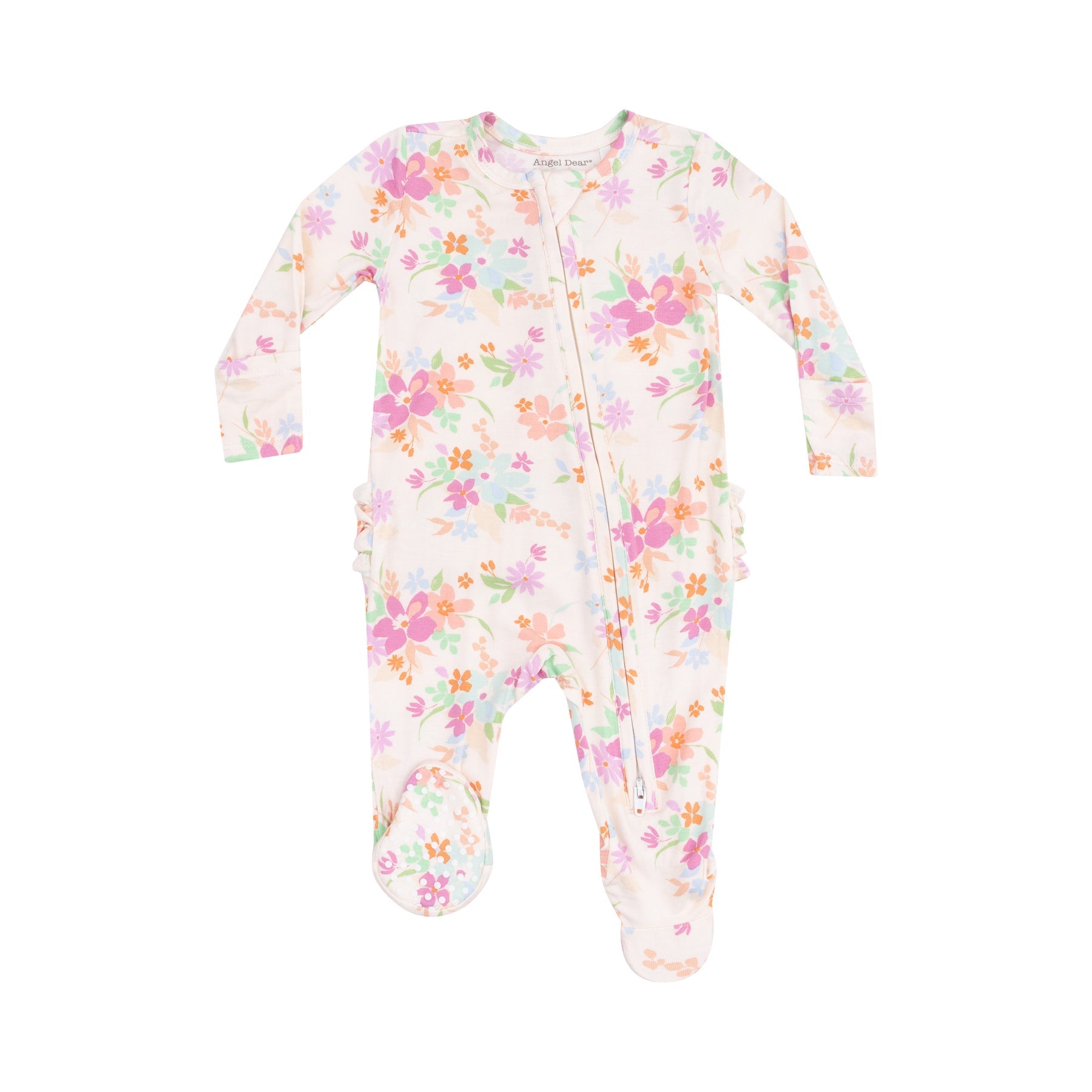 Angel Dear Pick a Posy 2-Way Ruffle Zipper Footie with floral print and ruffle accents, available at Be Charmed.