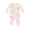 Angel Dear Pick a Posy 2-Way Ruffle Zipper Footie with floral print and ruffle accents, available at Be Charmed.