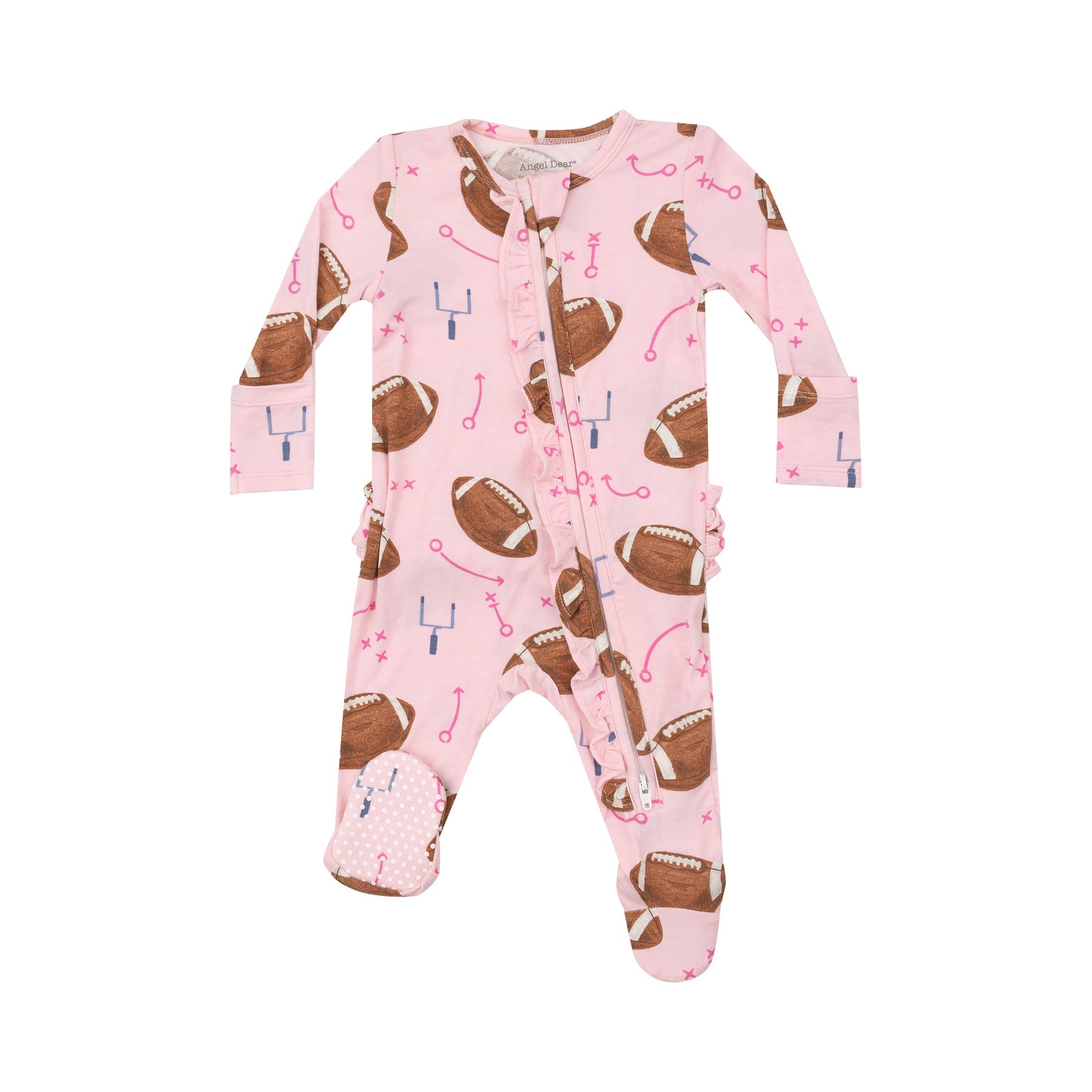 Angel Dear Pink Footballs 2-Way Ruffle Zipper Footie with soft fabric, ruffle trim, and sporty print, available at Be Charmed.