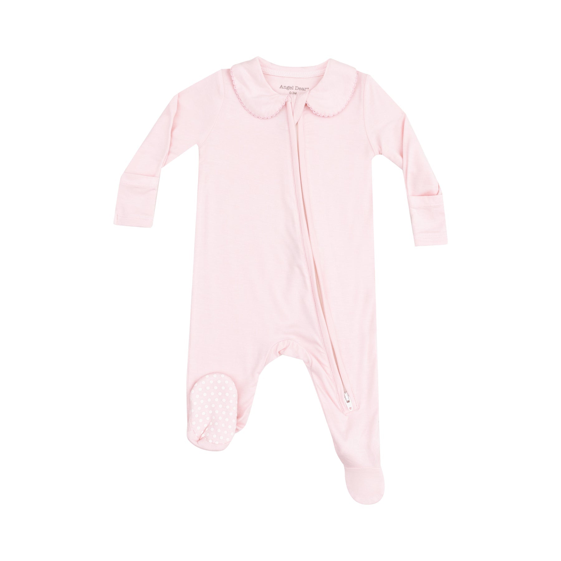 Angel Dear Pink Peter Pan 2-Way Zipper Footie with cozy fabric and pink collar, available at Be Charmed.