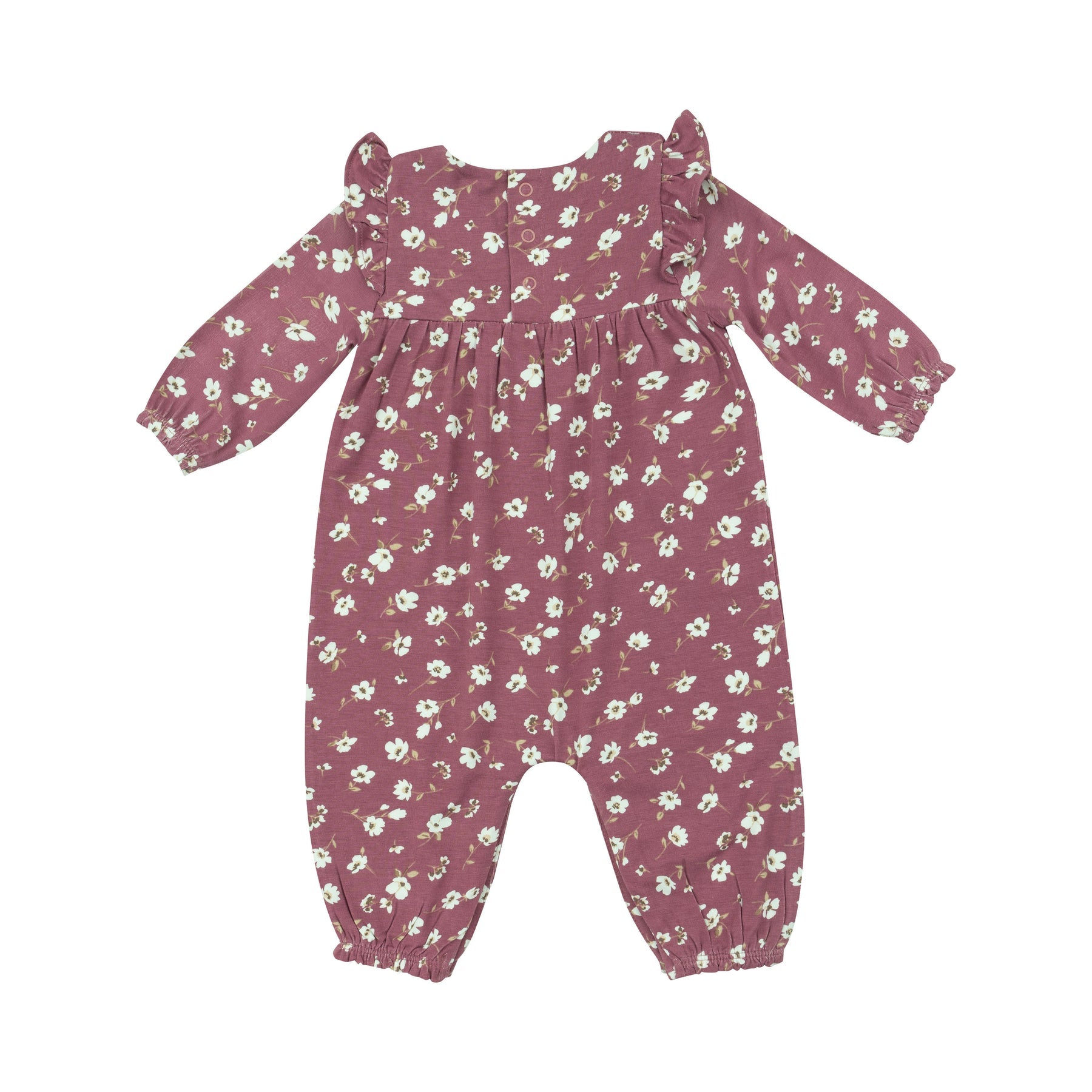 Angel Dear Plum Floral Ruffle Sleeve Romper for baby girls, featuring a delicate floral pattern and soft materials, available at Be Charmed.