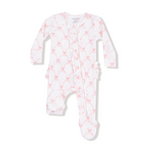 White baby onesie with pink star pattern on a white background. Available at Be Charmed