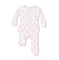 White baby onesie with pink star pattern on a white background. Available at Be Charmed