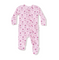 Pink baby onesie with floral pattern on a white background. Available at Be Charmed.