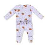 Baby girl onesie with lavander football pattern on a white background