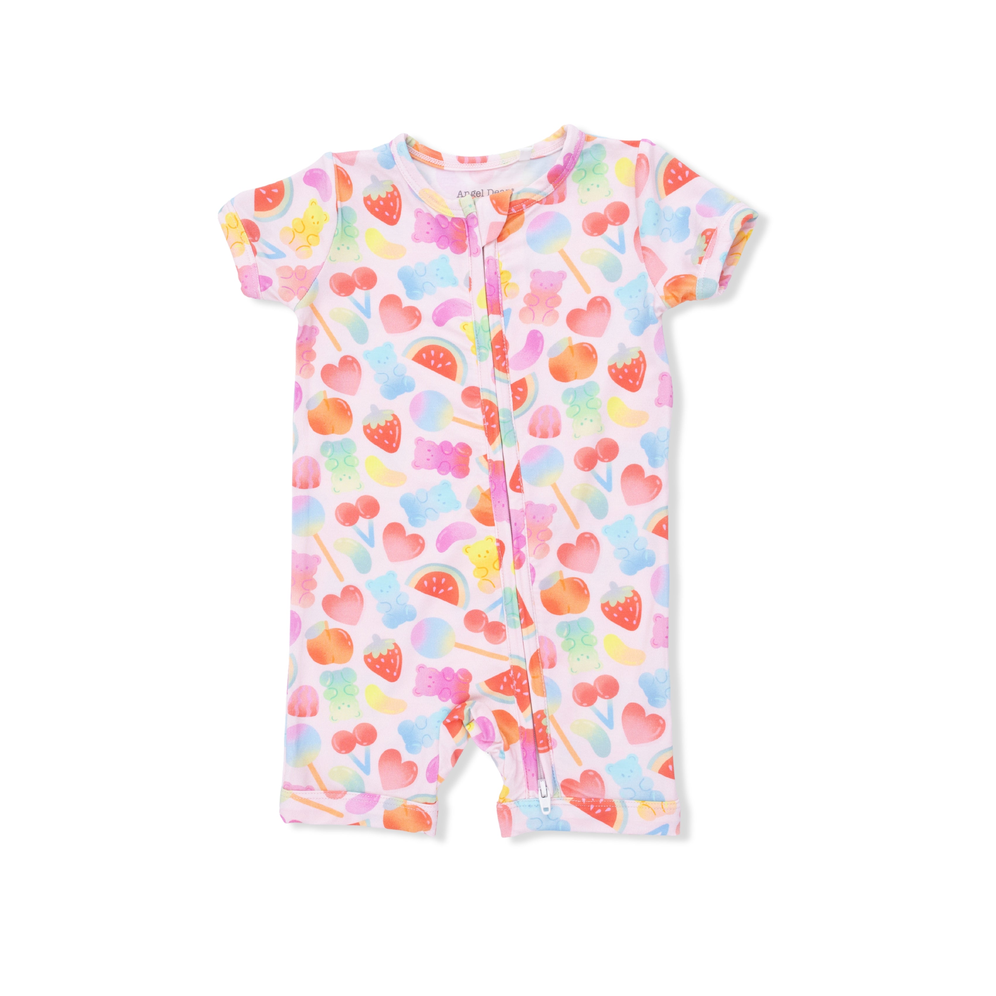 Angel Dear Colorful baby romper with heart and lollipop pattern on a white background. Available at Be Charmed
