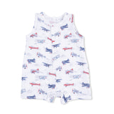 Angel Dear Baby sleeveless romper with airplane pattern on a white background. Available at Be Charmed