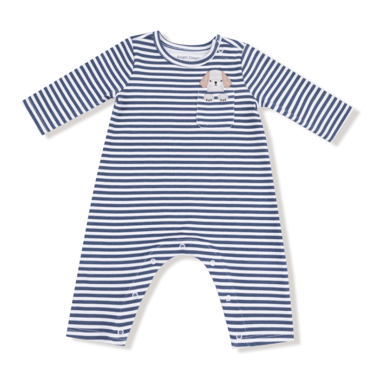Blue and white striped baby romper with a bear design on a white background. Available at Be Charmed. 