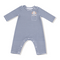 Blue and white striped baby romper with a bear design on a white background. Available at Be Charmed. 