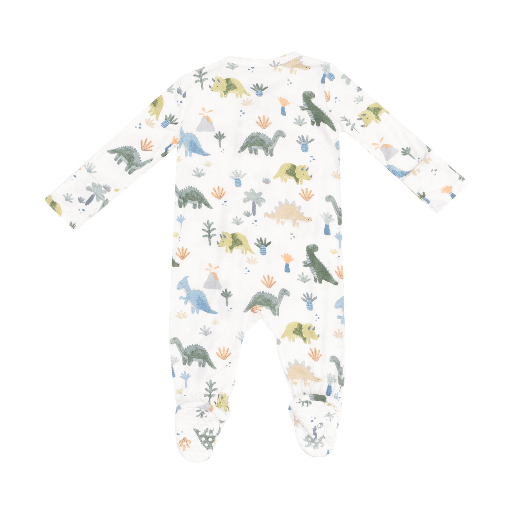Angel Dear Soft Dinos 2-Way Zipper Footie with soft fabric and dinosaur print, available at Be Charmed.