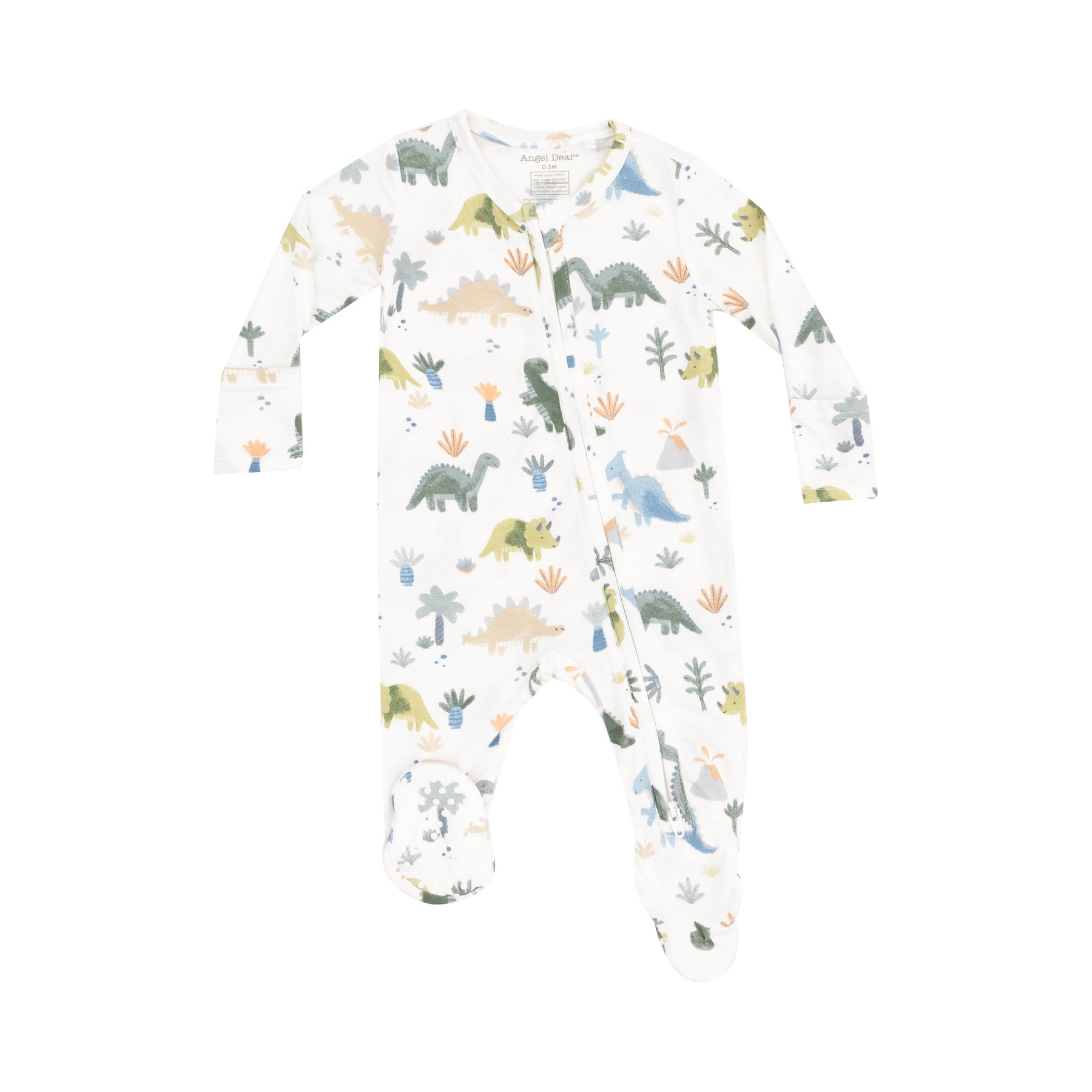 Angel Dear Soft Dinos 2-Way Zipper Footie with soft fabric and dinosaur print, available at Be Charmed.