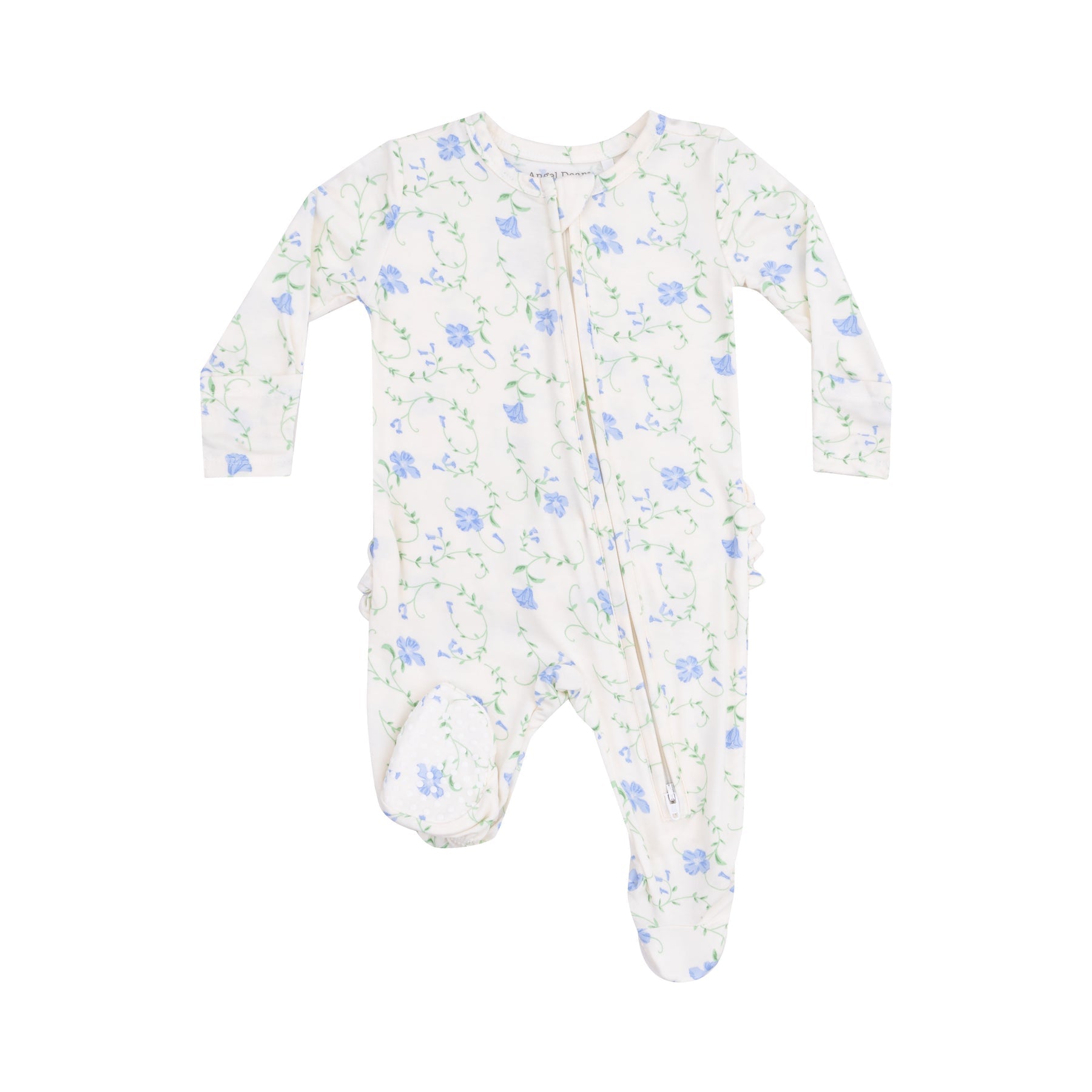 Angel Dear Sweet Vines 2-Way Ruffle Zipper Footie with soft fabric and ruffle details, available at Be Charmed.