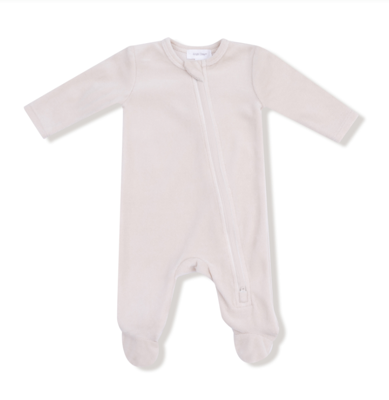 Angel Dear velour oatmilk colored baby onesie on a white background. Available at Be Charmed. 