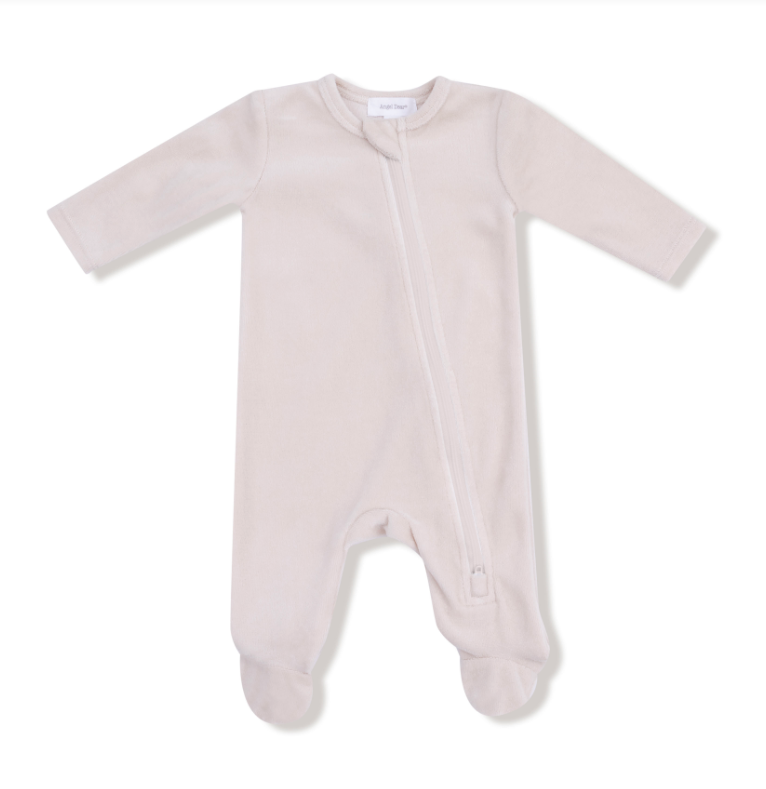 Angel Dear velour oatmilk colored baby onesie on a white background. Available at Be Charmed. 