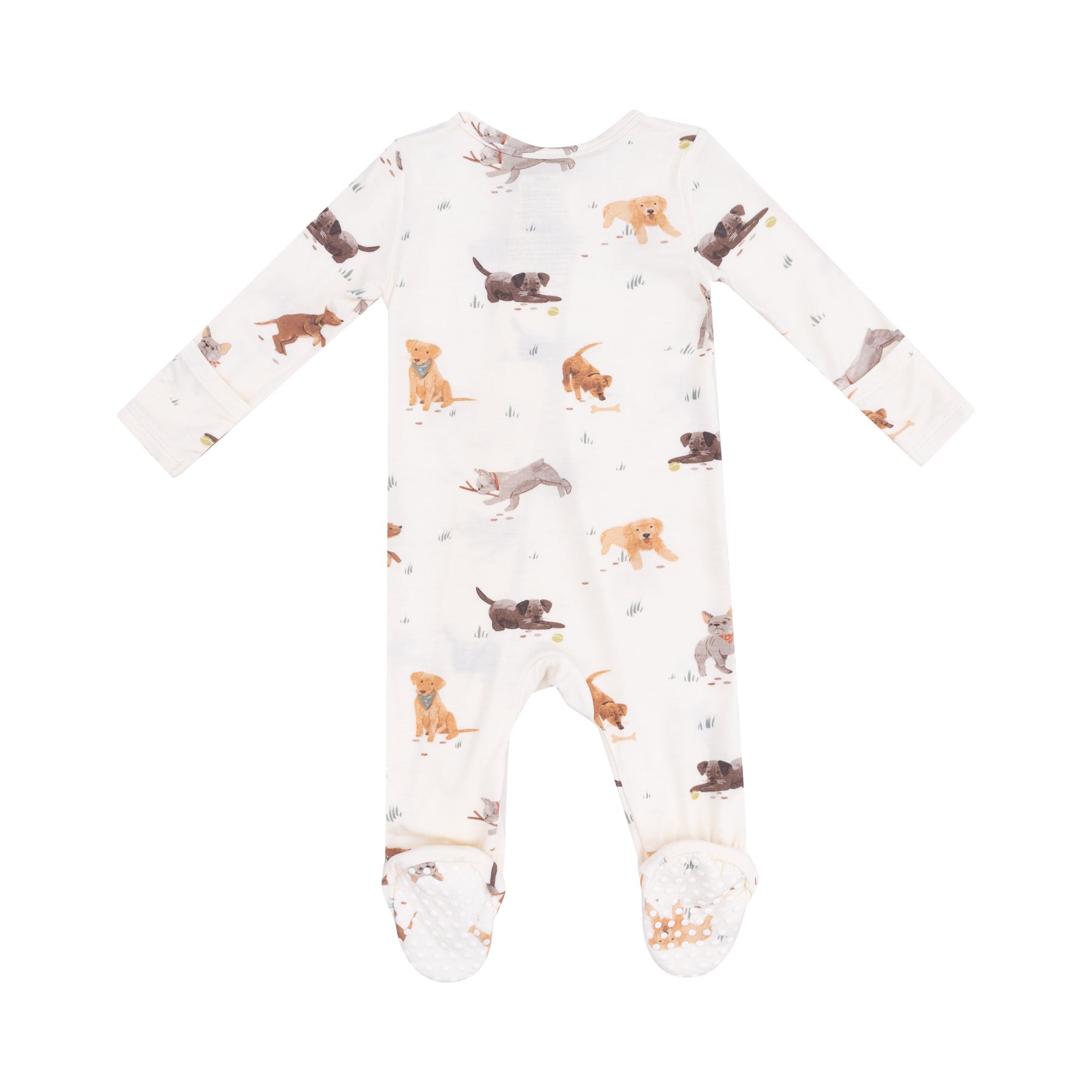 Back View of Angel Dear Watercolor Puppies 2-Way Zipper Footie with soft fabric and puppy print, available at Be Charmed.