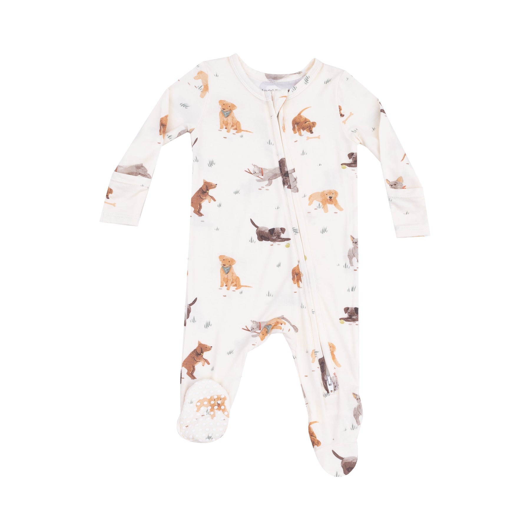 Angel Dear Watercolor Puppies 2-Way Zipper Footie with soft fabric and puppy print, available at Be Charmed.