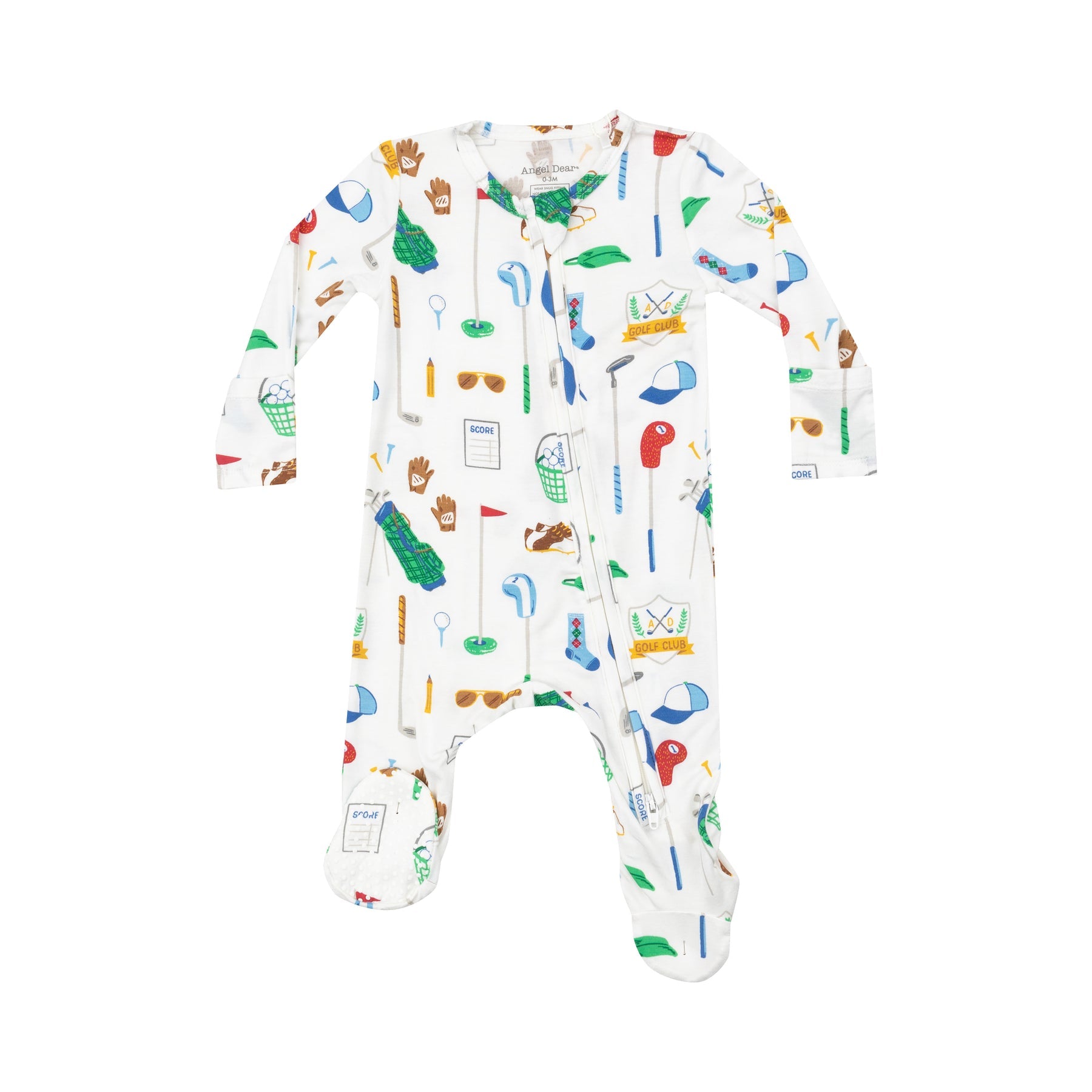 Angel Dear Golf Club White 2-Way Zipper Footie for baby boys, featuring a playful golf club print and soft materials, available at Be Charmed.