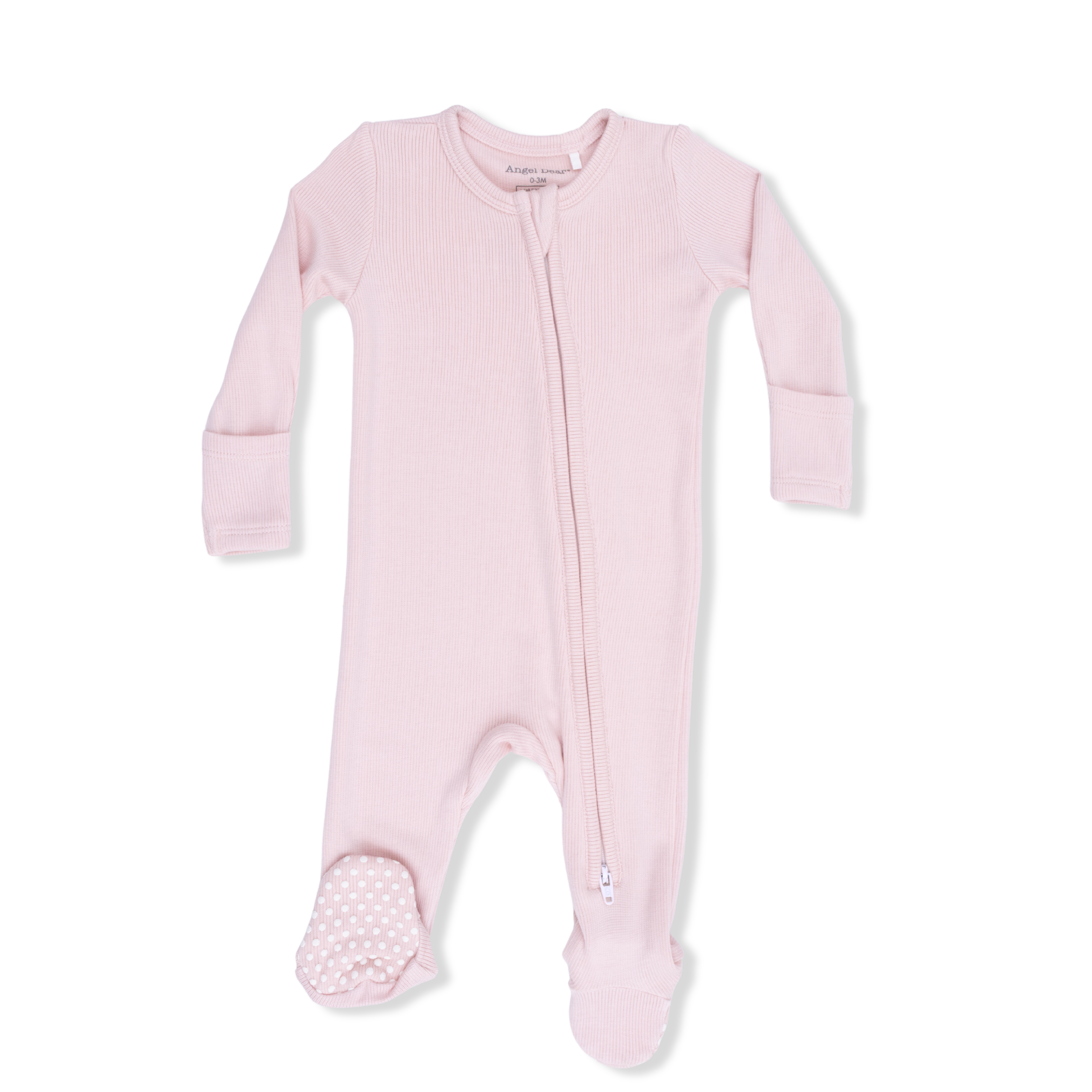 Angel Dear Pink baby footie with a zipper on a white background. Available at Be Charmed