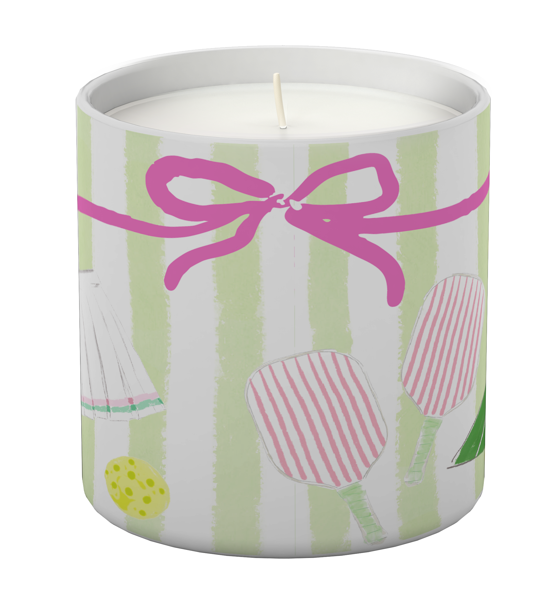 Candle in a decorative tin with a pink bow and striped design on a white background. Available at Be Charmed