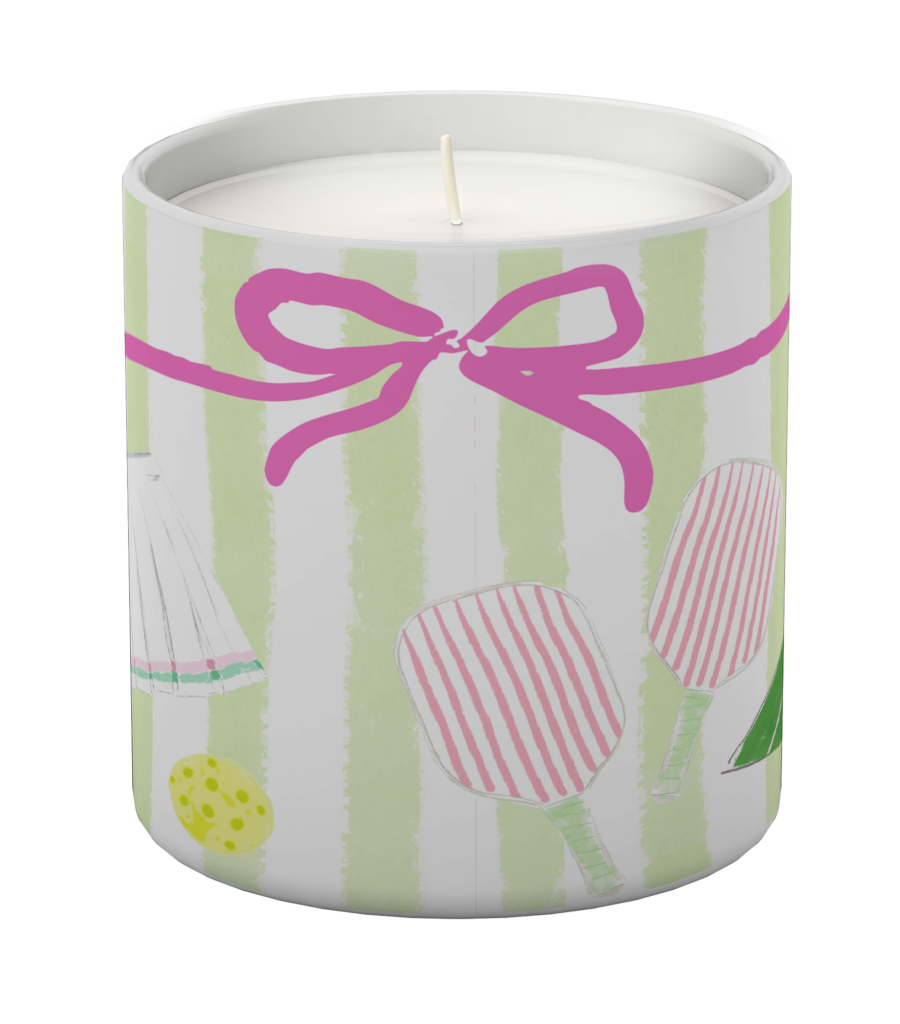Candle in a decorative tin with a pink bow and striped design on a white background. Available at Be Charmed