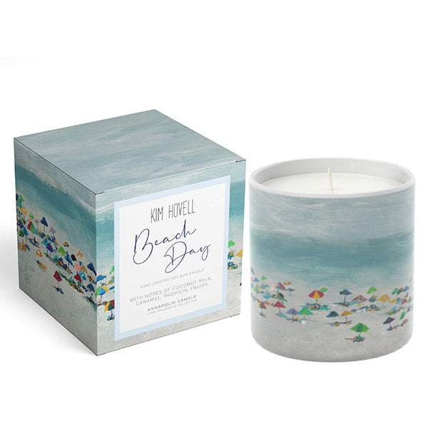 Annapolis Candle Kim Hovell Beach Day Boxed Candle, featuring a coconut milk, caramel, and tropical fruits scent, available at Be Charmed.