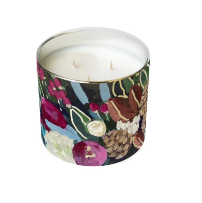 Annapolis Candle Comfort & Joy 3-Wick Candle by Kim Hovell featuring a festive blend of pine, pomegranate, and amber in a 12oz soy wax candle, available at Be Charmed