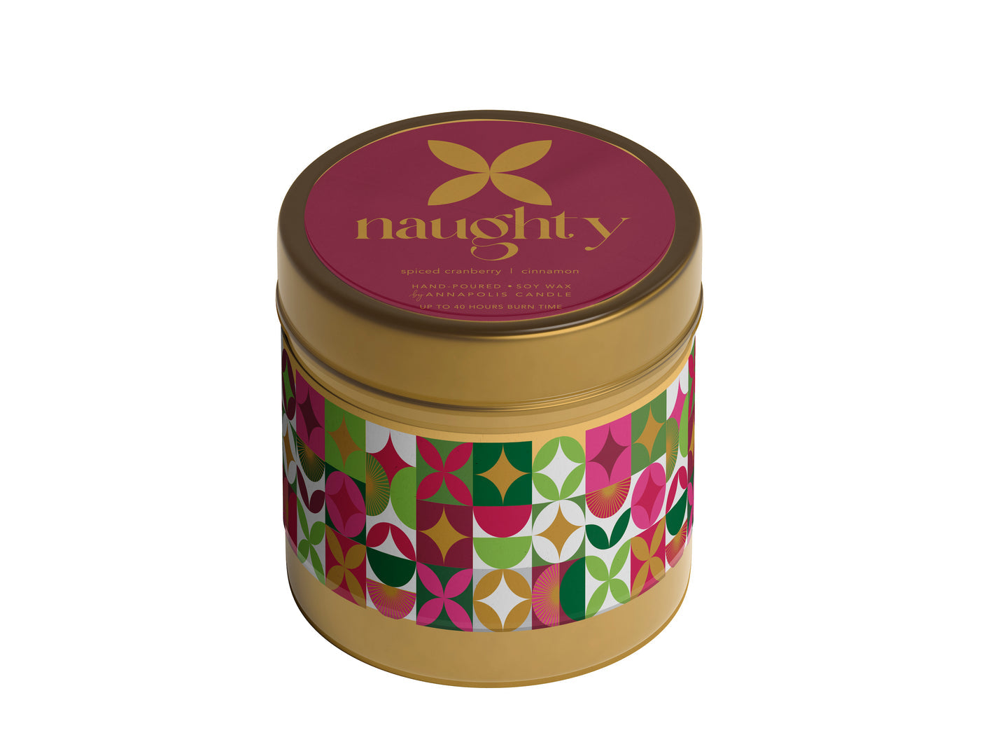 Annapolis Candle Mood:Naughty Candle Tin, featuring a festive scent and elegant packaging, available at Be Charmed.