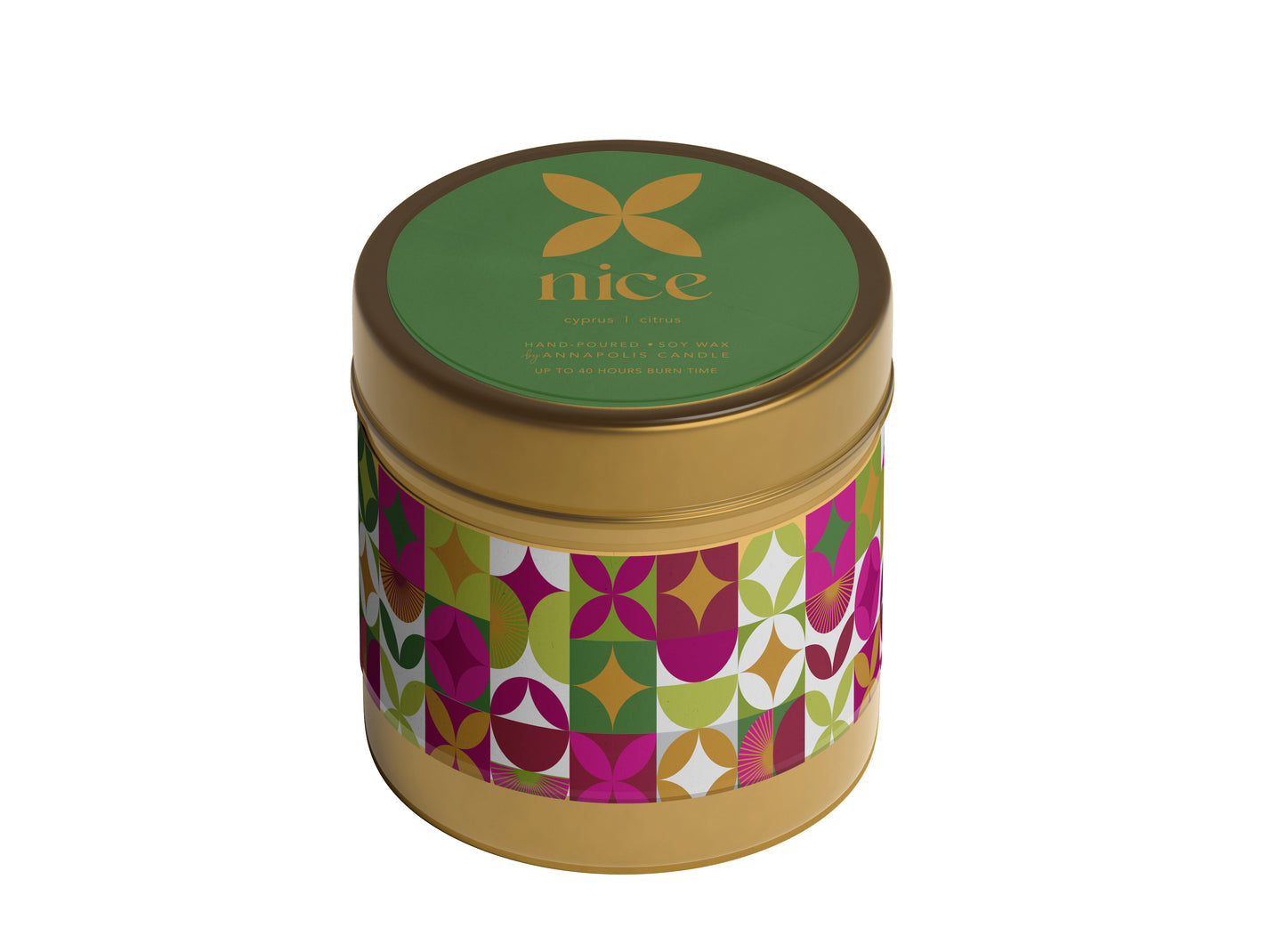 Annapolis Candle Mood:Nice Candle Tin, featuring a fresh cypress and citrus scent in a festive design, available at Be Charmed.