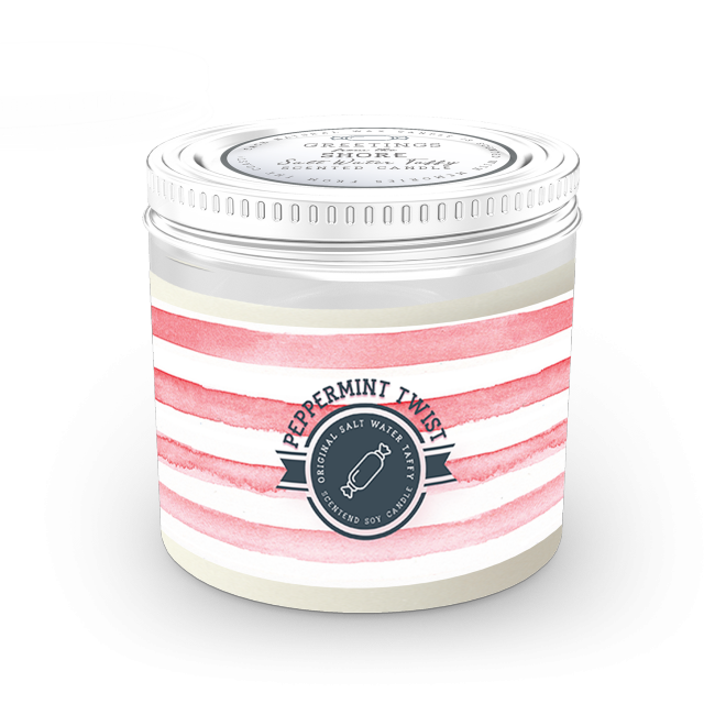 Annapolis Candle Peppermint Taffy Collection from Be Charmed, holiday-inspired soy candle with peppermint scent and festive packaging.”