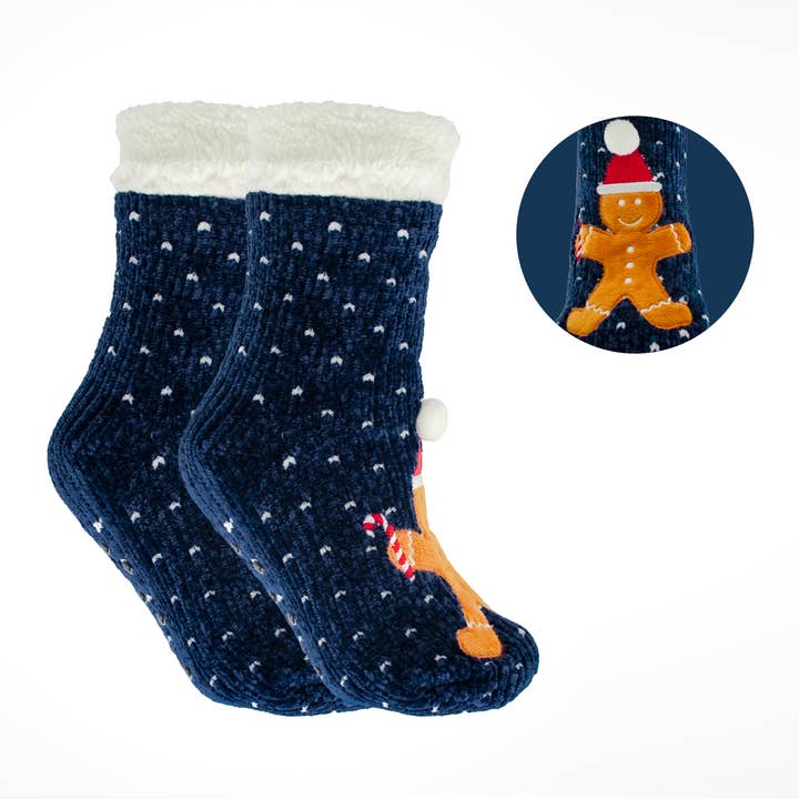 Aromasoles Christmas Chaos Socks with Gingerbread Man design. Cozy, fun holiday socks and perfect stocking stuffer. Available at Be Charmed.