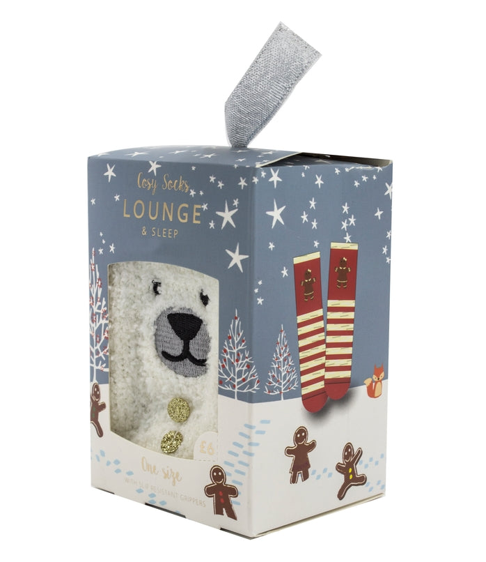 Aromasoles Fluffy Chenille Socks in holiday designs in giftable packaging. Available at Be Charmed. 