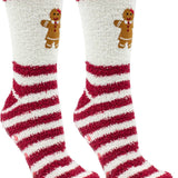 Pair of red and white striped socks with gingerbread man design on a white background. Available at Be charmed. 