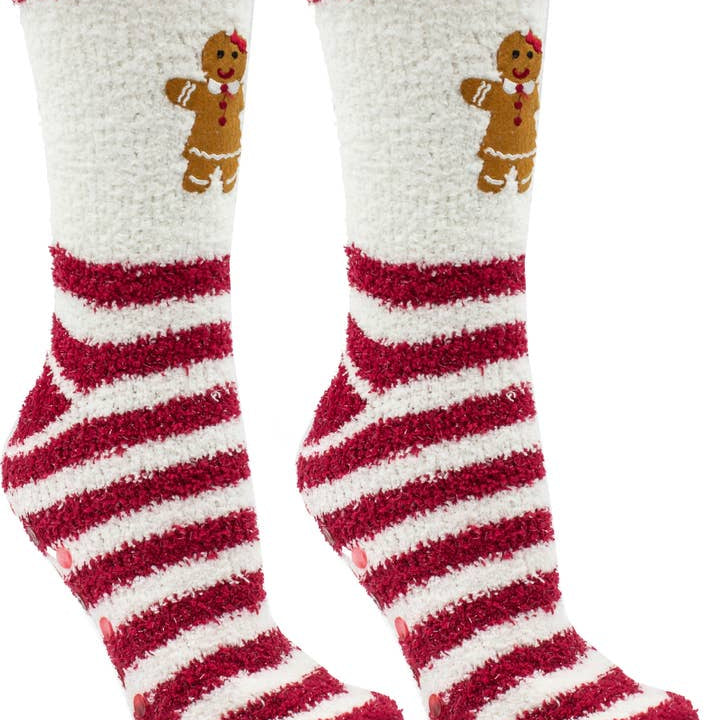 Pair of red and white striped socks with gingerbread man design on a white background. Available at Be charmed. 