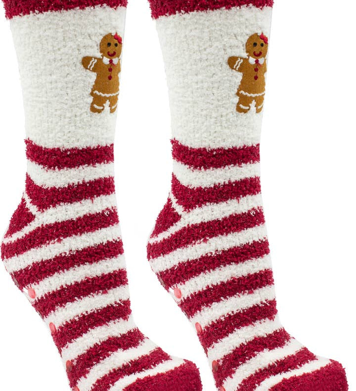 Pair of red and white striped socks with gingerbread man design on a white background. Available at Be charmed. 