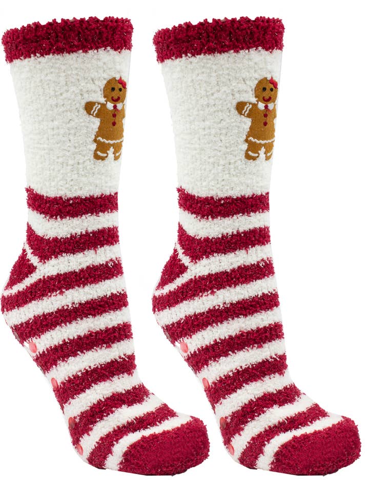 Pair of red and white striped socks with gingerbread man design on a white background. Available at Be charmed. 