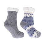 Pair of gray and blue patterned socks on a white background. Available at Be Charmed. 