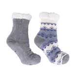 Pair of gray and blue patterned socks on a white background. Available at Be Charmed. 