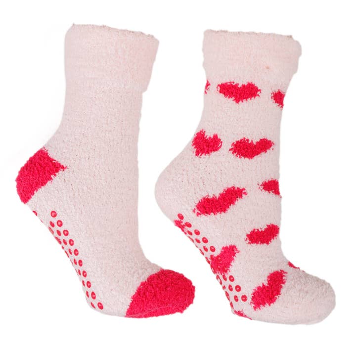 Aromasoles 2 Pair Chenille Socks in Hearts design, lavender-infused for relaxation. Includes heart keychain. Available at Be Charmed.