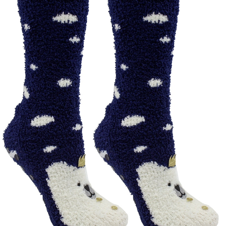 Aromasoles Fluffy Chenille Socks with a polar bear design and lavender-infused for cozy relaxation. Perfect seasonal gift. Available at Be Charmed.
