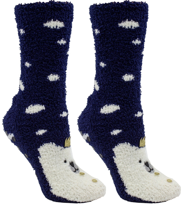 Aromasoles Fluffy Chenille Socks with a polar bear design and lavender-infused for cozy relaxation. Perfect seasonal gift. Available at Be Charmed.