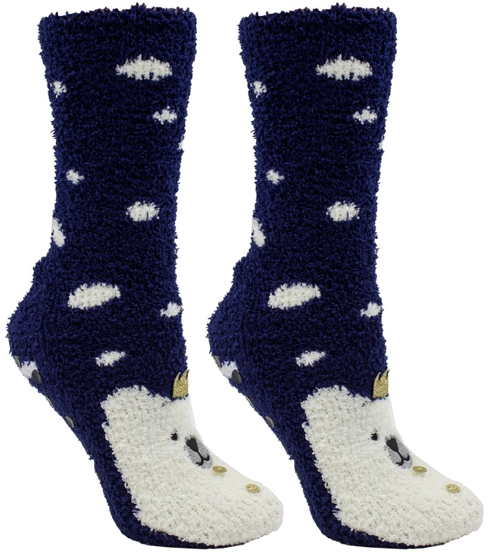 Aromasoles Fluffy Chenille Socks with a polar bear design and lavender-infused for cozy relaxation. Perfect seasonal gift. Available at Be Charmed.