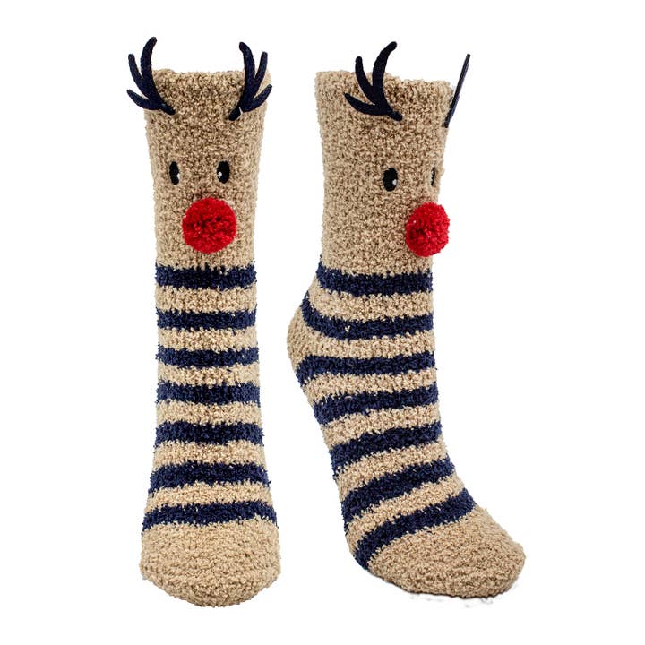 Pair of striped socks with reindeer face design on a white background. Available at Be Charmed. 