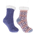 Two pairs of knitted socks, one blue and one pink with patterns, on a white background. Available at Be Charmed. 
