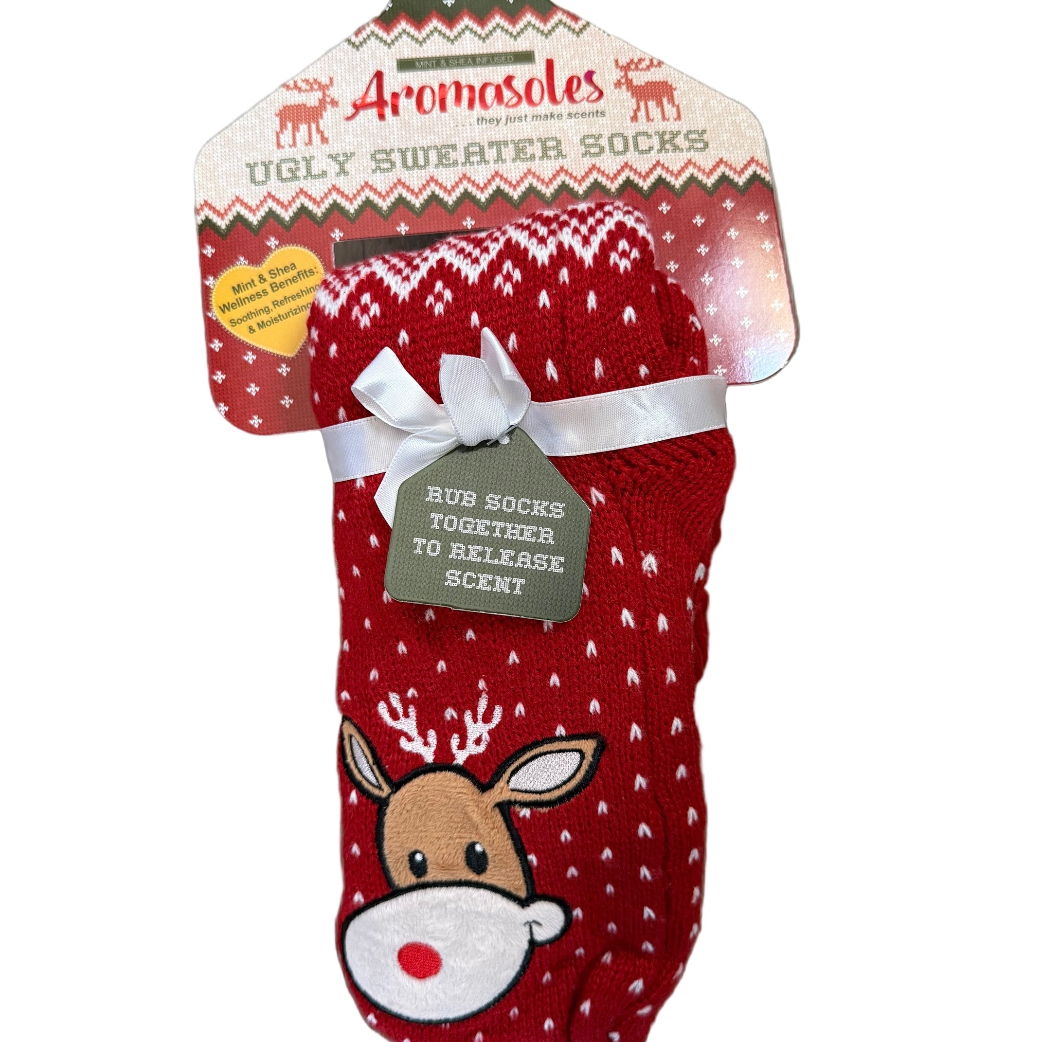 Aromasoles Ugly Sweater Socks with Reindeer design, shea butter infused for moisturizing comfort. Holiday gift idea. Available at Be Charmed.