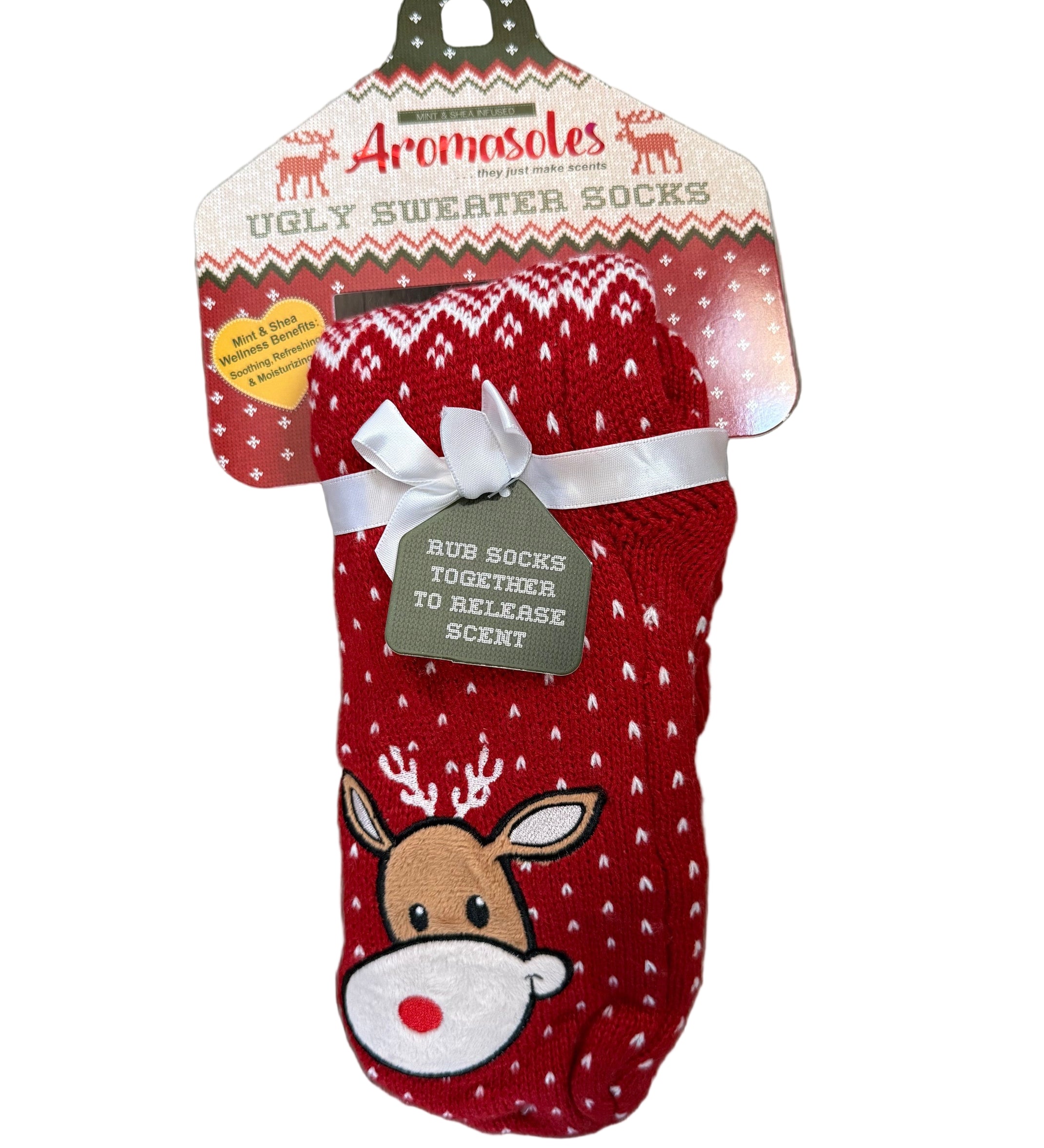 Aromasoles Ugly Sweater Socks with Reindeer design, shea butter infused for moisturizing comfort. Holiday gift idea. Available at Be Charmed.