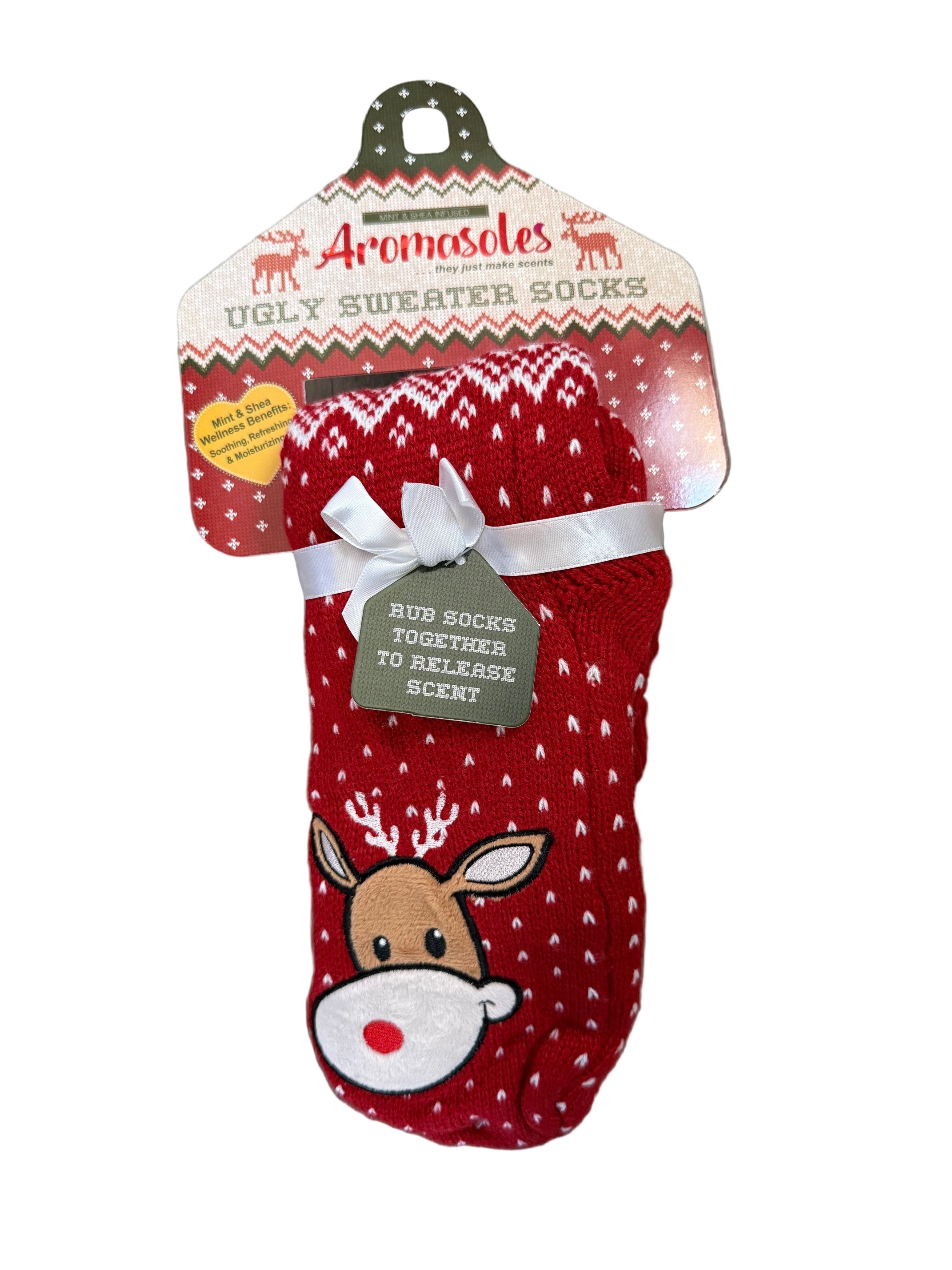 Aromasoles Ugly Sweater Socks with Reindeer design, shea butter infused for moisturizing comfort. Holiday gift idea. Available at Be Charmed.