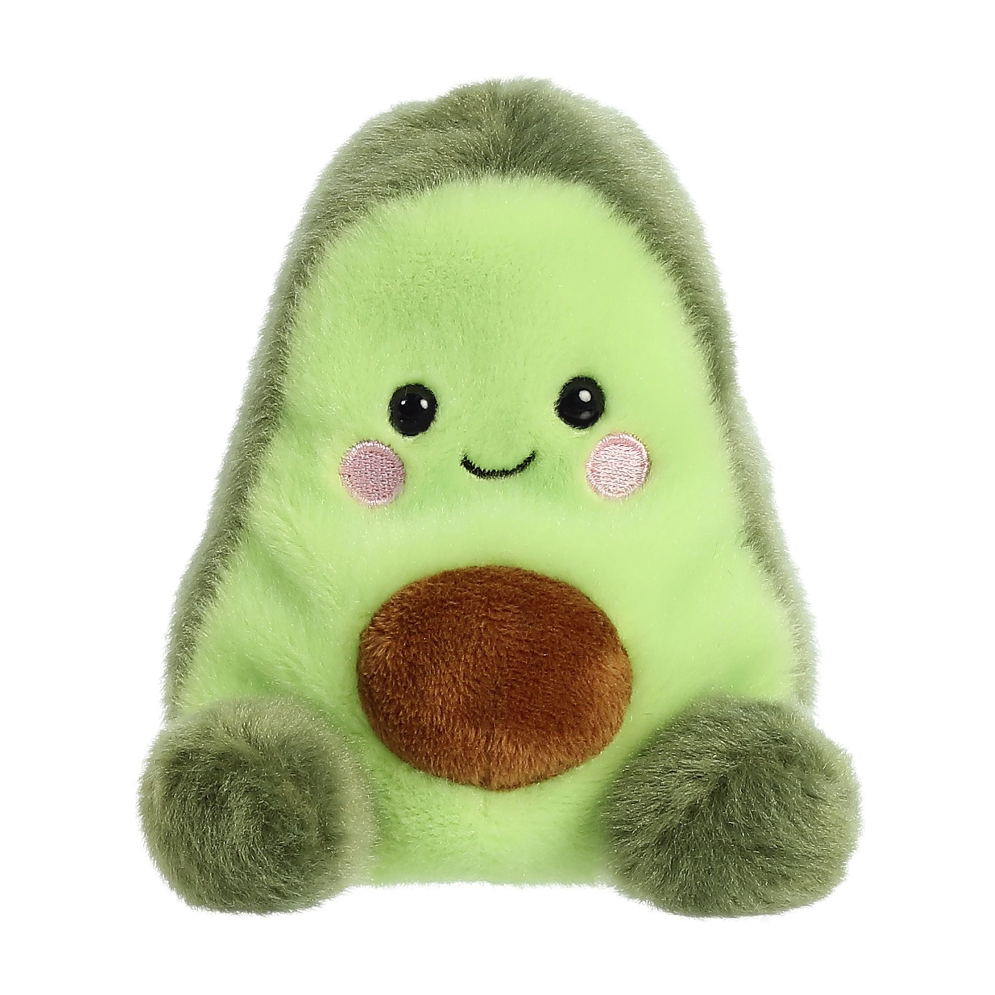 Aurora Palm Pal Airy Avocado 5-inch plush toy featuring soft green fabric, smiling face, and fuzzy brown pit. Cute palm-sized fruit plush. Available at Be Charmed.