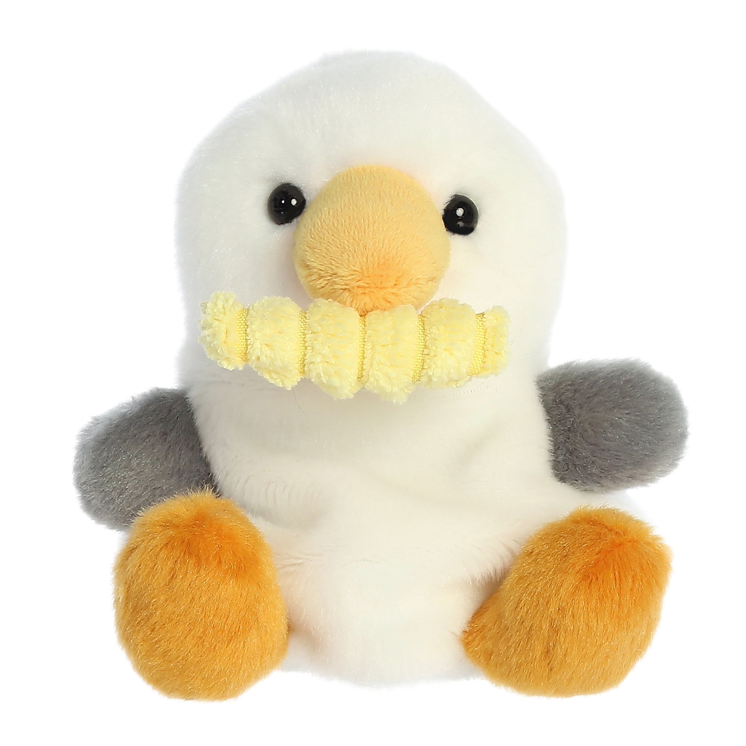 Aurora Palm Pal Buoy Seagull 5-inch plush bird with white and gray soft fur, orange beak, and tiny plush french fry in wing. Adorable and giftable. Available at Be Charmed.